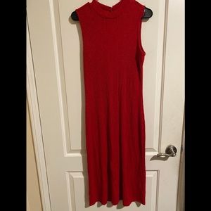 Monteau red mock neck sweater midi dress shimmery holidays Christmas New Years